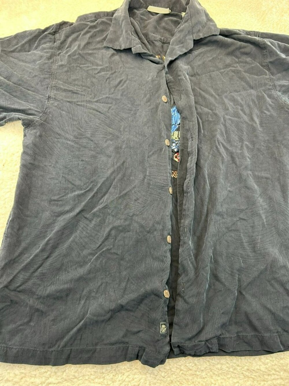 Tommy Bahama Mens Button-Down Shirt Black Large 100% Silk Dealers Choice Embroid - Picture 3 of 5